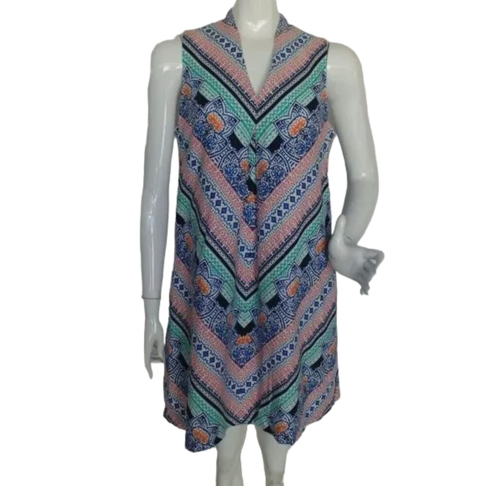 TOMMY BAHAMA Summer Dress, S, Geometric/Chevrons, Sleeveless, V-neck,Linen blend